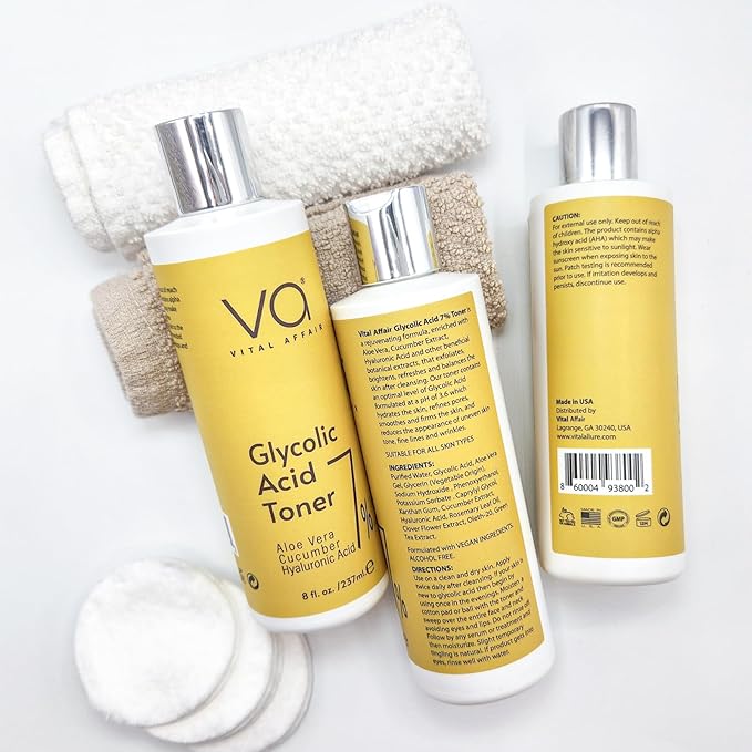 Glycolic Acid Toner for Face - Age Defying, Pore Minimizer for Face, Exfoliating Toner - with Aloe Vera, Cucumber, Hyaluronic Acid - AHA Toner - Alcohol Free Toner-for All Skin Types-By Vital Affair.