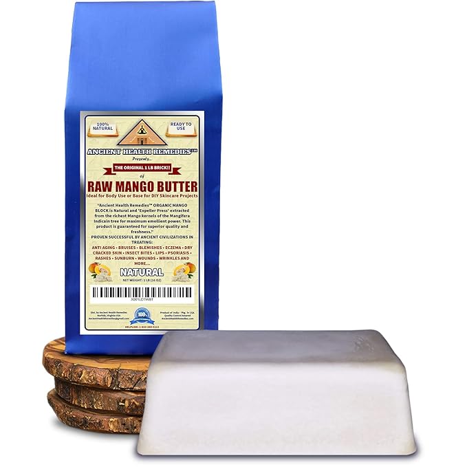 Ancient Health Remedies Organic Unrefined Raw MANGO BUTTER 1 LB (16 oz) BLOCK Bulk, Light Mango Aroma, Non-Greasy Base for Beauty, Skin Moisturizing, DIY Base for Body Butters & Hand Cream (INDIA)