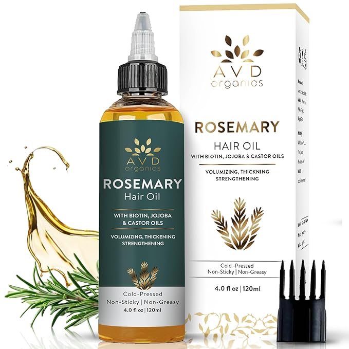AVD Organics Rosemary Oil for Hair Growth & Scalp | Infused with Boitin | Hair Stregthening Nourishing and Volumizing | Infused with Jojoba & Castor Oil | Non - GMO 120ml