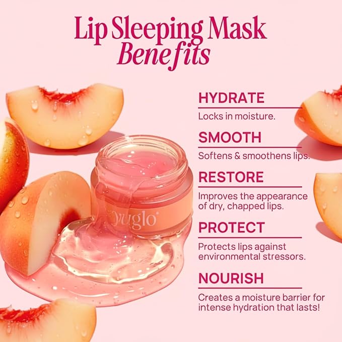YUGLO Lip Sleeping Mask | Peach Flavor | Hydrating & Soothing Lip Treatment for Dry, Chapped Lips | Plumps & Moisturizes | Overnight Lip Repair