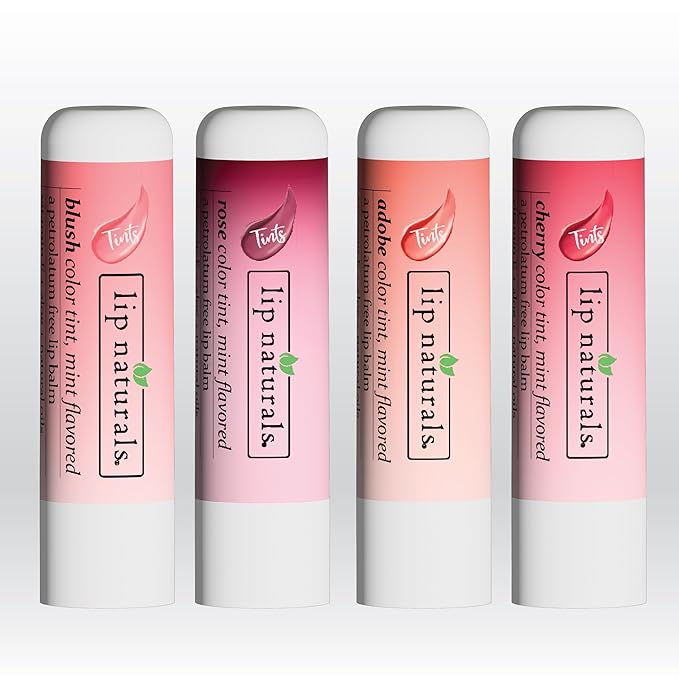 Lip Naturals Tinted Lip Balm 4 Pack of Assorted Colors with Beeswax, Coconut Oil, Vitamin E, and Aloe - Moisturizing Lip Care with a Smooth Mint Flavor