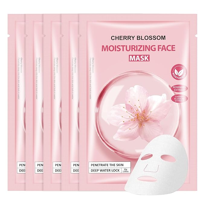 Face Masks Skincare, Pack of 5 Sheet Masks, Hydrating Facial Mask for All Skin Types, Long-lasting Moisturizing, Soothing, Cherry Blossom