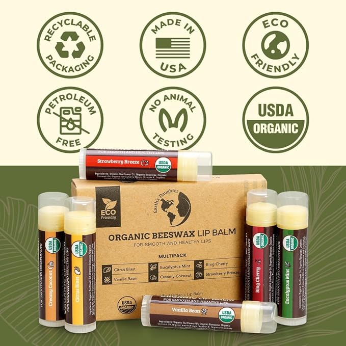 Earth's Daughter USDA Organic Lip Balm 12-Pack (2x 6-Packs) - Fruit Flavors, Beeswax, Coconut Oil, Vitamin E - Best Lip Repair Chapstick for Dry Cracked Lips - Moisturizing Lip Care