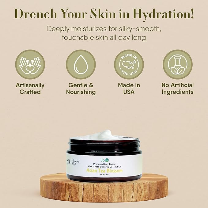 360Feel Asian Tea Blossom Body Butter - Nourishing and Hydrating Shea Body Butter with a Gentle Formula - Handmade with Essential Oils - Creamy Formula for Daily Use - Zero Harsh Additives - 8 Ounce