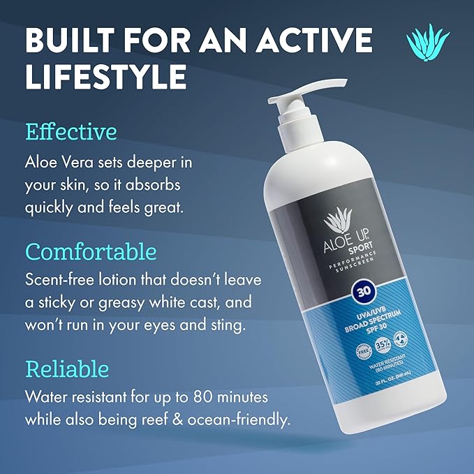 Aloe Up Sport Sunscreen Body Lotion SPF 30 – Broad Spectrum Sunblock with Hydrating Aloe Vera Gel–Non Greasy, No White Cast, Reef Friendly, Water Resistant for up to 80 Minutes,Fragrance Free – 32 Oz