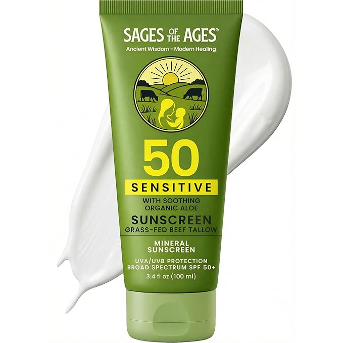Organic Tallow Mineral Sunscreen SPF 50 with Non-Nano Zinc Oxide — Reef Safe UVA/UVB Broad Spectrum Sunblock, Water Resistant 80 Min, Moisturizing Lotion for Face & Body, 3.4 fl oz