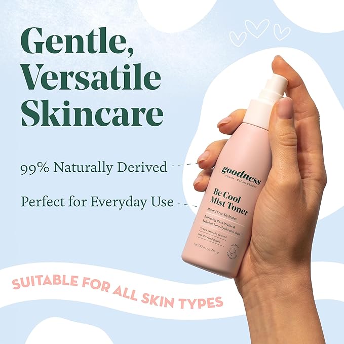 Goodness Be Cool Mist Toner – Hydrating Face Mist with Hyaluronic Acid & Rose Water – Alcohol Free Facial Spray for Dry Skin – 4.7 fl oz