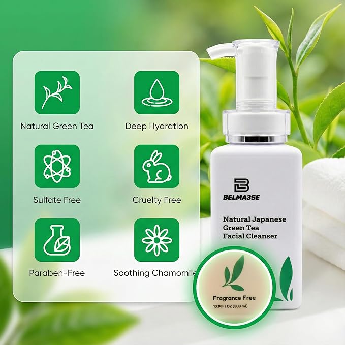 Natural Japanese Green Tea Facial Cleanser – Foaming Face Wash for Sensitive Skin with Aloe Vera, Chamomile & Cucumber | Hydrating Sulfate Free Green Tea Face Wash & Cleanser (10.14 fl oz / 300ml)