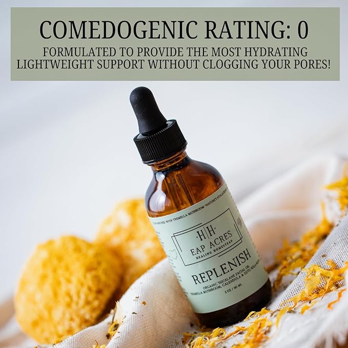 Organic Facial Oil for Dry, Sensitive, Mature skin–Organic Squalane oil Infused with Organic Tremella Mushroom/Calendula/Gotu Kola–Lightweight, Hydrating, Gentle, Soothing, Nourishing (REPLENISH)