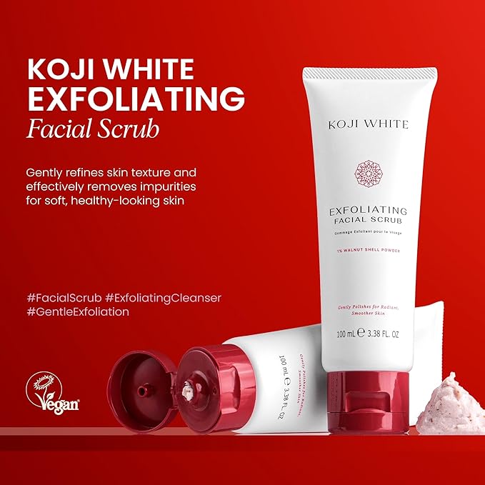 Koji White Exfoliating Facial Scrub | Kojic Acid Face Wash, Gentle Daily Scrubber & Exfoliator for Radiant with 1% Walnut Shell, AHA, Hyaluronic Acid for Uneven Skin Tone, Vegan Skincare, 3.38 Fl Oz