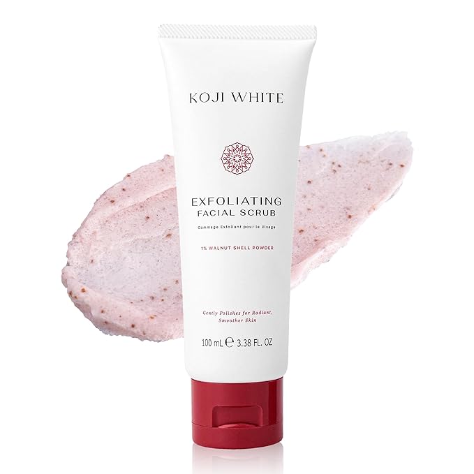 Koji White Exfoliating Facial Scrub | Kojic Acid Face Wash, Gentle Daily Scrubber & Exfoliator for Radiant with 1% Walnut Shell, AHA, Hyaluronic Acid for Uneven Skin Tone, Vegan Skincare, 3.38 Fl Oz