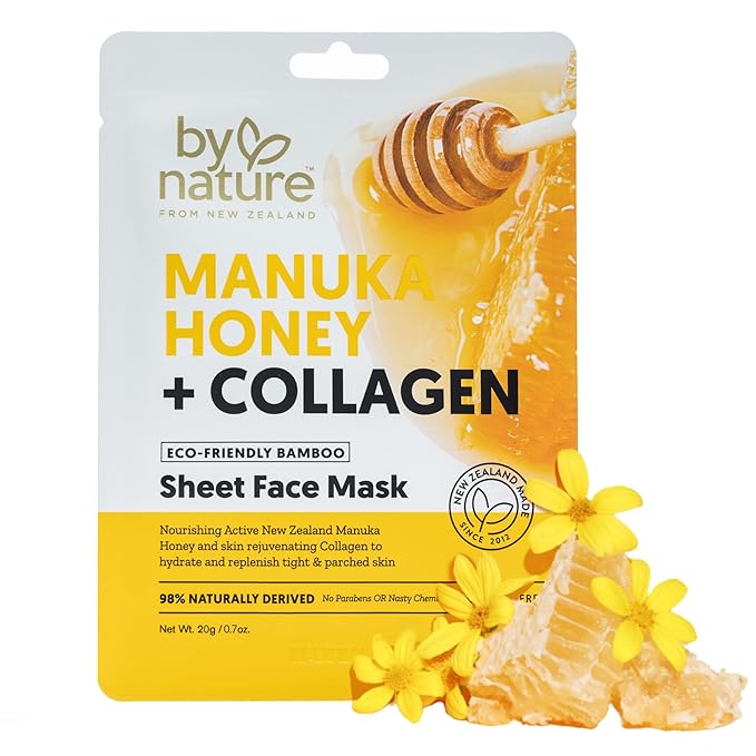 By Nature Manuka Honey + Collagen Sheet Face Mask – Hydrating & Firming Skincare – Moisturizing Face Mask for Dry or Tired Skin – Anti-Aging Self Care Sheet Mask (Pack of 12)
