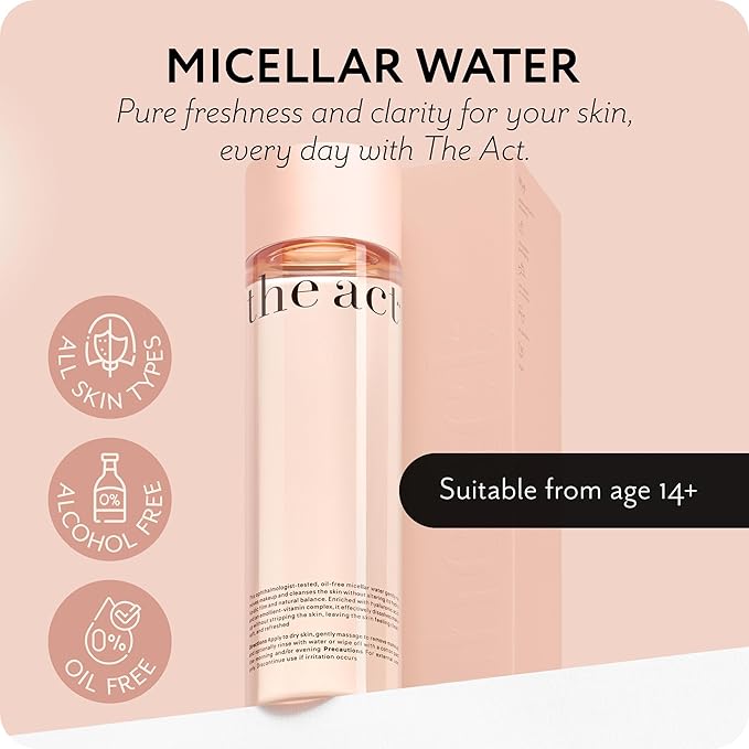 The Act Micellar Water Makeup Remover – Gentle Cleansing for Face & Eyes – Hydrating, Alcohol-Free, Non-Comedogenic, Organic, Sensitive Skin, Waterproof Makeup Remover, Vegan, 8.45 fl oz