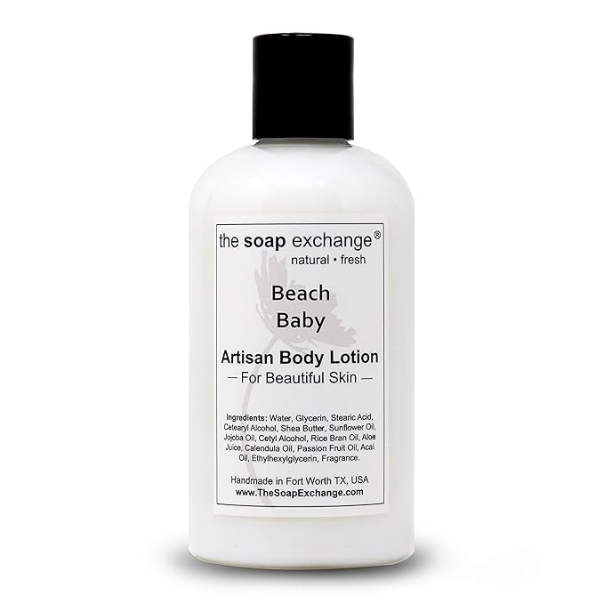 The Soap Exchange Body Lotion - Beach Baby Scent - Hand Crafted 8 fl oz / 240 ml Natural Artisan Skin Care for Hand, Face, & Body, Moisturize, Hydrate, & Protect. Made in the USA.