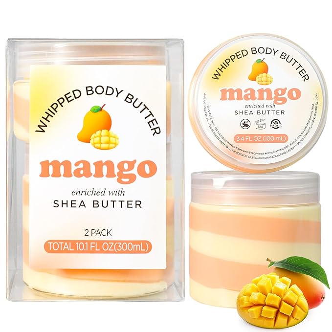 Mango Whipped Body Butter, Whipped Body Butter for Women, Mango Shea Body Moisturizer for Dry Skin, Gentle Hydration with Long Lasting Moisture-3.4 floz+6.8 floz