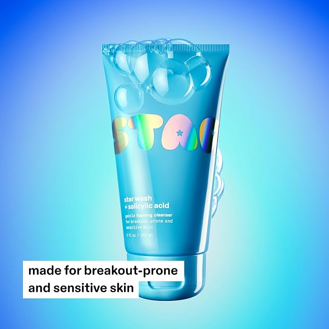 Starface Star Wash + Salicylic Acid, Foaming Facial Cleanser, Made for Breakout-Prone and Sensitive Skin, Minimize Breakouts and Unclog Pores, Unscented, Fragrance-Free (5 fl oz)