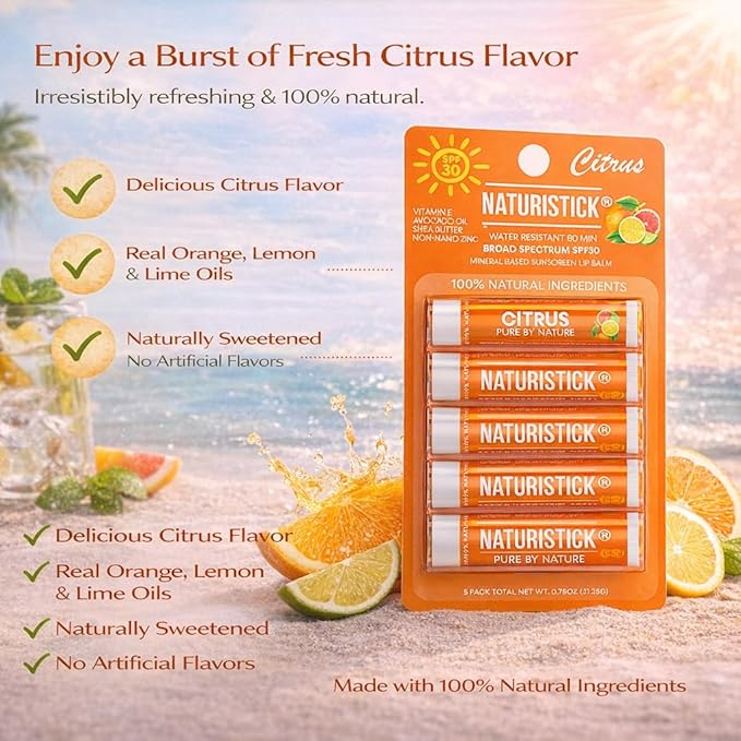 Naturistick UV Pro® Mineral SPF 30 Lip Balm – Citrus (5-Pack), Broad Spectrum Sun Protection