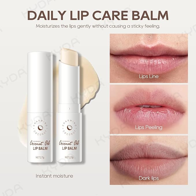 KYDA 3 Pcs Coconut Lip Balm, Deep Hydrating Lip Balm, Daily Lip Moisturizer for Dry Cracked Lips, All-Day Skin Moisturizer with Cocoa Butter Formula, Vegan Skin Care