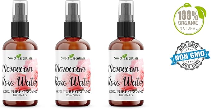 Pack of 3 Premium Organic Moroccan Rose Water - 4oz W/Sprayer - Imported From Morocco - 100% Pure (Food Grade) No Oils or Alcohol - Rich in Vitamin A & C Perfect for Hydrating & Rejuvenating Your Skin