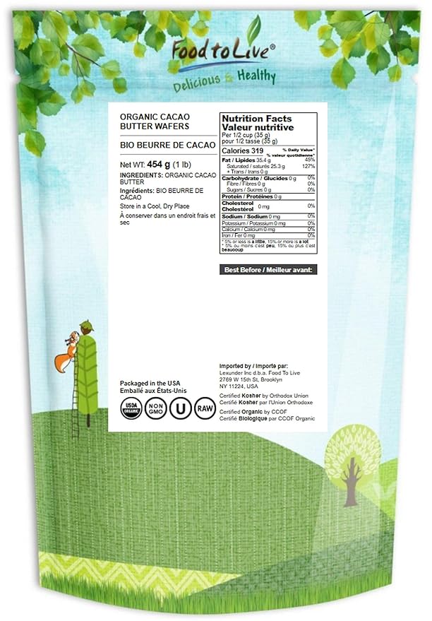 Food to Live Organic Cacao Butter Wafers, 1 Pound - Non-GMO, Vegan, Food-Grade Cocoa Butter, Bulk, Ideal for Cooking, Baking, and Homemade Chocolate