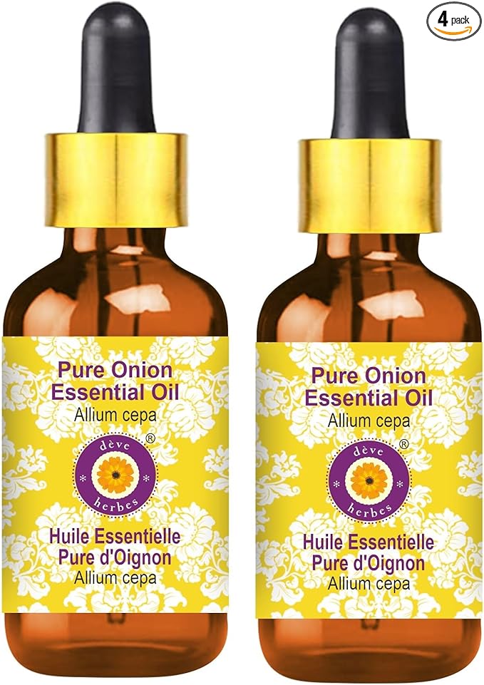 Deve Herbes Pure Onion Essential Oil (Allium cepa) with Glass Dropper Steam Distilled (Pack of Two) 100ml X 2 (6.76 oz)