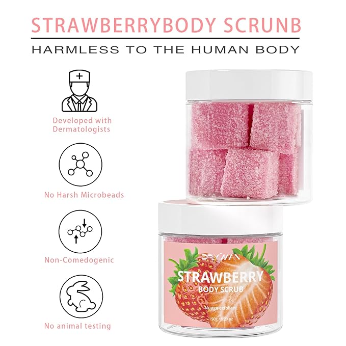 Strawberry Sugar Body Scrub – Pink Gift for Women, Exfoliating Body Scrub with Shea Butter & Jojoba Oil, Smooths & Softens Dry Skin, Paraben-Free, 5.29oz