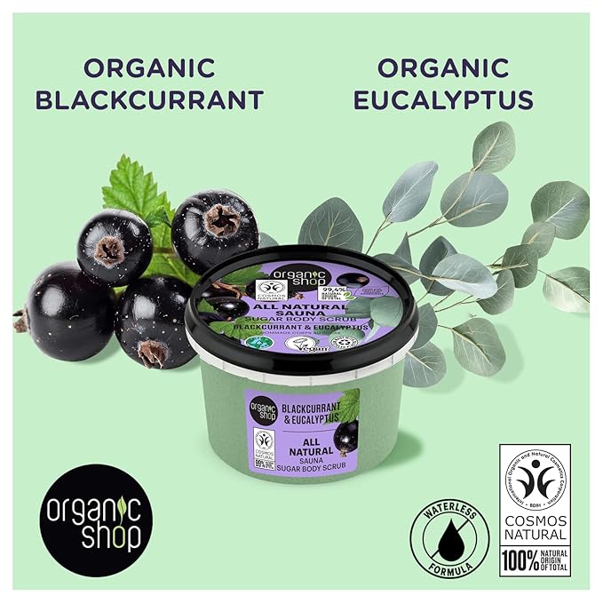Organic Shop Eucalyptus & Blackcurrant, Sugar Softening & Exfoliating Body Scrub, 100% Vegan & Organic, Daily Exfoliant, Detox & Moisturizer, Body Intensive Care & Skin Toning. 250ml.