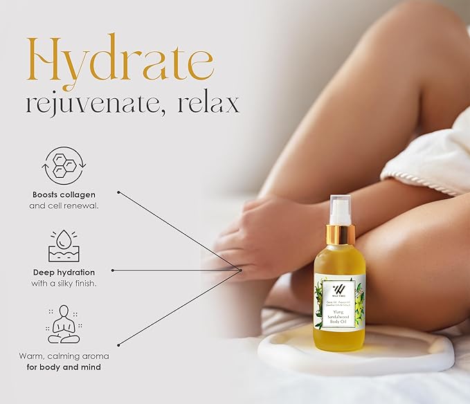 Wild Vibes Ylang Sandalwood + Amber Body & Massage Oil - Hydrating Jojoba, Papaya Seed Oil, Vitamin E, Lupine Seed Extract for Collagen production – Nourishing Oil for all skin types 4oz