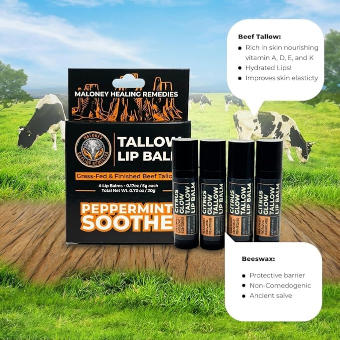 Tallow Lip Balm | 100% Grass-Fed Beef Tallow, Organic Coconut Oil & Beeswax | Natural Lip Care for Dry, Chapped Lips & Dry Lips | No Seed Oils | Peppermint | Handcrafted in USA | 4-Pack