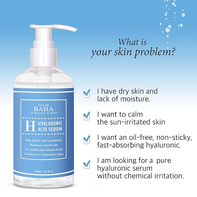 Cos De BAHA Hyaluronic Serum 8 Fl Oz – Pure Sodium Hyaluronate 10,000 ppm Hydrating Face Serum for Dry & Dehydrated Skin – Lightweight Fragrance-Free Korean Skincare Formula (240 ml)