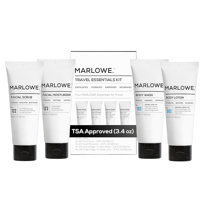 MARLOWE. Mens Face and Body Mini Kit – TSA Friendly Body Wash, Body Lotion, Facial Scrub & Facial Moisturizer (3.4 oz Each)