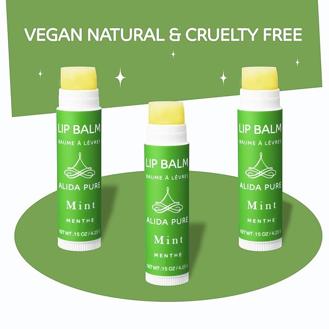 ALIDA PURE Mint Lip Balm Collection, Vegan Lip Balm, Beeswax Free, with Avocado Oil, Organic Jojoba Oil, and Vitamin E, for Dry, Chapped, or Cracked Lips, 3 Tube Set