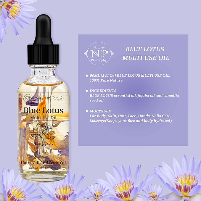 Blue Lotus Multi-Use Body Oil for Face, Hair & Skin – Lightweight Botanical Oil with Jojoba & Camellia Seed Oil, Hydrating Plant Fragrant Oil for Dry Skin, Scalp & Nails – 2 Fl Oz (60ml)