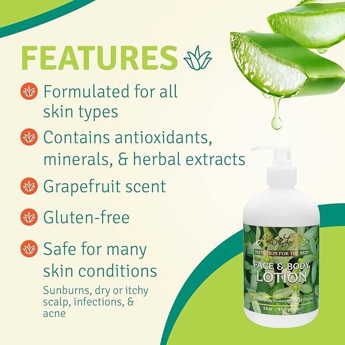 Aloe Life - Face & Body Lotion, Concentrated Formula, Hydrates Dry Skin, Contains Antioxidants, Minerals, & Herbal Extracts, Pleasant Grapefruit Scent, Safe For All Skin Types, Gluten-Free (16 oz)