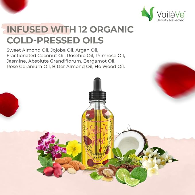 VoilaVe Organic Rose Oil for Face, Hair & Body - Hydrating Moisturizer for Dry Skin, Scalp, Nails & Cuticles - Reduces Wrinkles, Fine Lines, Scars - Infused with Rose Petals & Bergamot - 4 Fl Oz