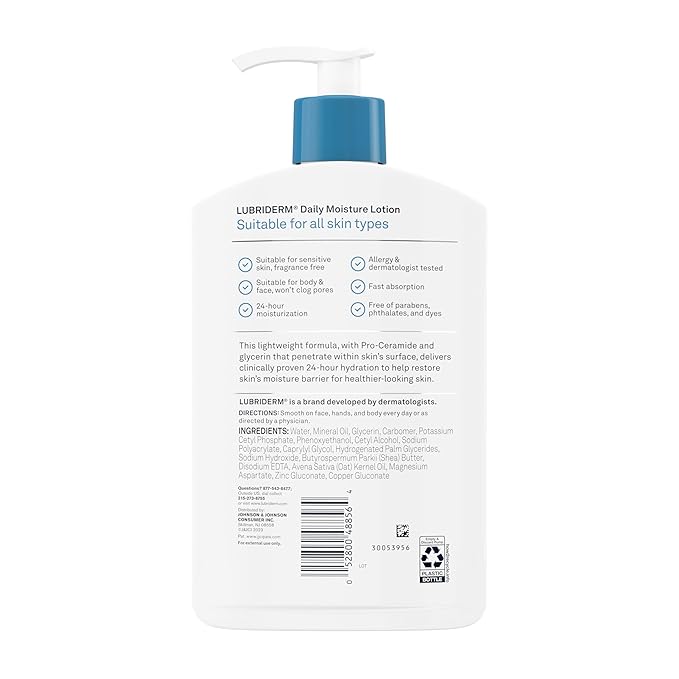 Lubriderm Fragrance Free Daily Moisture Lotion + Pro-Ceramide, Shea Butter & Glycerin, Face, Hand & Body Lotion for Sensitive Skin, Hydrating Lotion for Healthier-Looking Skin, 16 fl. oz (Pack of 2)