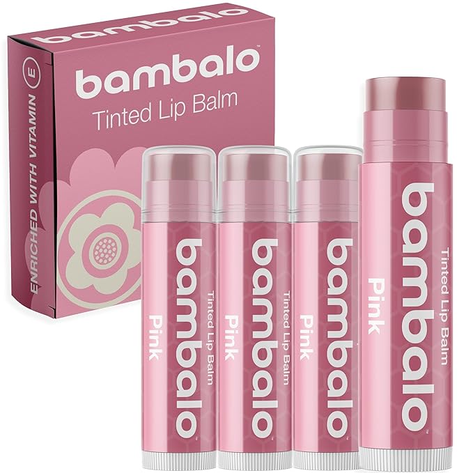 Tinted Lip Balm Pink - Bambalo 4-Pack Hydrating Moisturizing Care - Soft Rosy Tint - Natural Organic Formula - Everyday Wear, Smooth Color - Made in USA