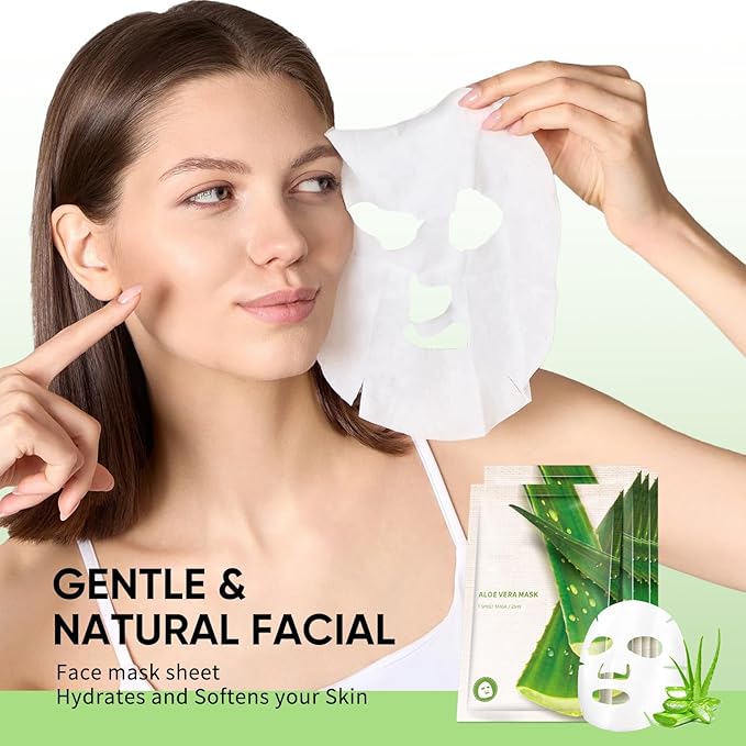 Aloe Vera Face Masks Sheet for Women,Moisturizes Facial Masks Oil Control,Hydrates, Soothes,Home Spa Facial Sheet Mask For All The Skin（12Pack）