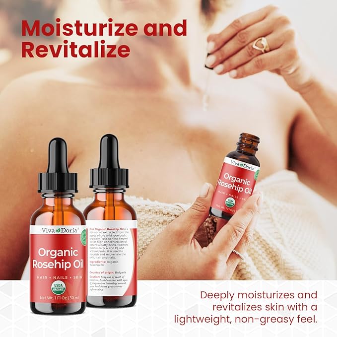 Viva Doria Organic Rosehip Seed Oil, 30 ml (1 Fl Oz) | 100% Pure & Natural | USDA Organic | Cold-Pressed & Unrefined Carrier Oil for Face, Skin & Nails