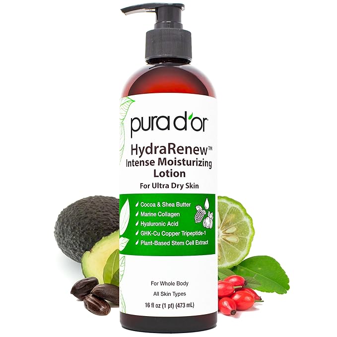 PURA D'OR HydraRenew Intense Moisturizing Lotion for Ultra Dry Skin – Hand & Body Cream with Cocoa & Shea Butters, Hyaluronic Acid, GHK-Cu Copper Tripeptide-1, Marine Collagen, Plant Stem Cells, 16 oz