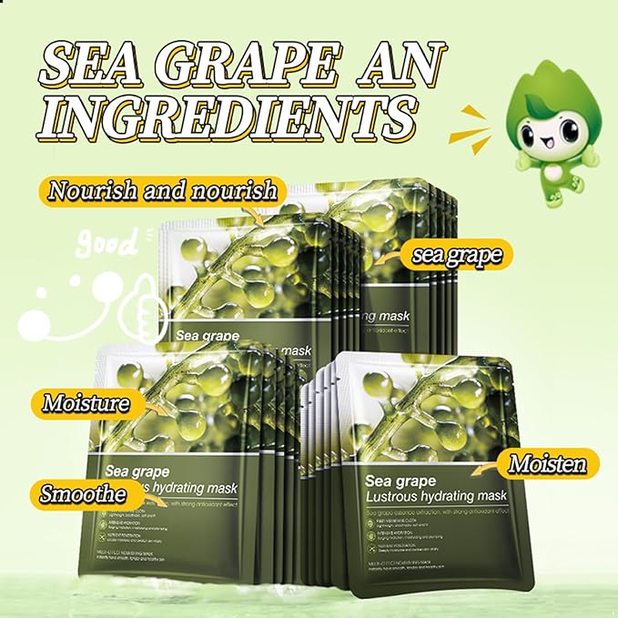 Hydrating Facial Mask Sheet Set of 5, Moisturizing Face Mask for Smooth and Supple Skin, Refreshing Self Care Beauty Sea Grape One Size