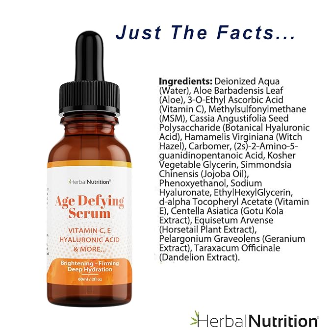 Age Defying Serum – Vitamin C & Hyaluronic Acid Facial Serum – Hydrating & Antioxidant Skincare with Aloe, Jojoba Oil & Botanical Extracts – 2 oz