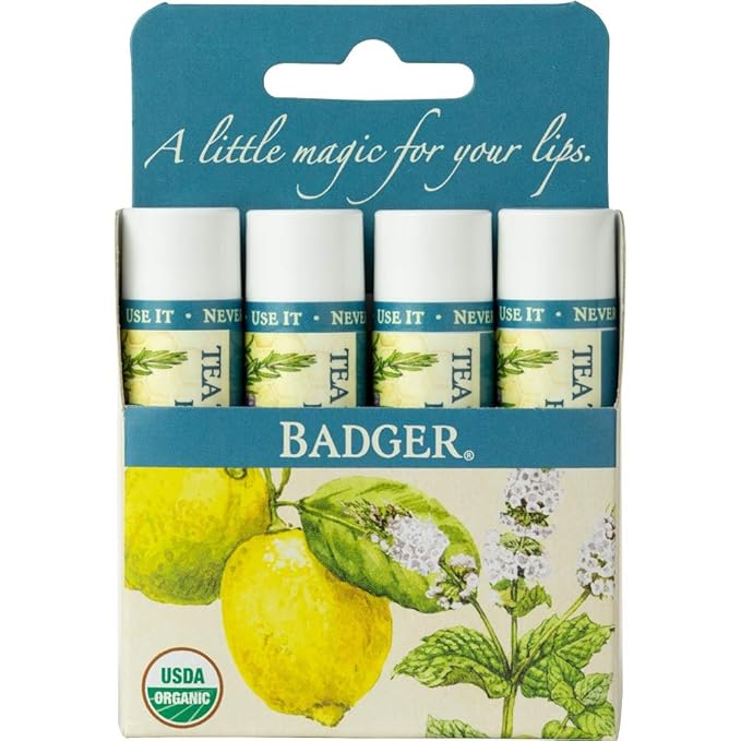 Badger Tea Tree Classic Lip Balm, 100% Organic Lip Balm, Moisturizing Herbal Lip Care w/Light Silky Texture, Soothing & Refreshing Lip Care for Irritated or Chapped Lips, 4 Pack