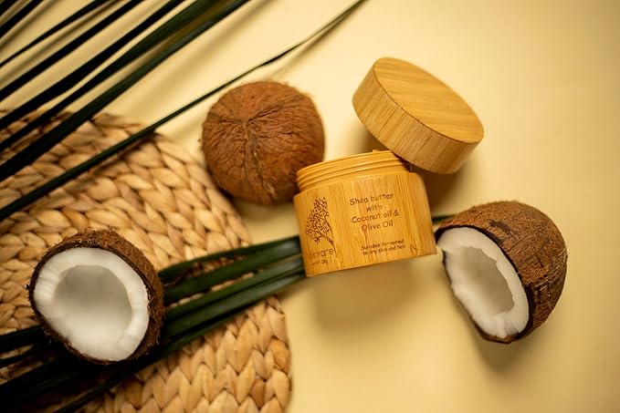 Raw Shea Butter with Coconut & Olive Oil (Vanilla & Coconut scent). 100% Natural Ghana Shea Butter whipped for Dry Skin, Hair & Body - Pure, Handmade, Vegan, Eco-friendly skincare - 100ml