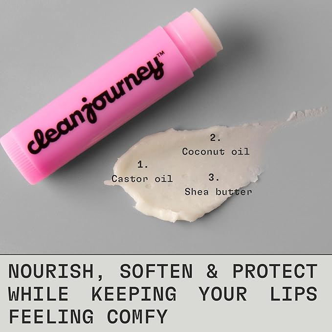 cleanjourney Lip Balm Set, 99% Natural Origin, Nourishes & Protects, Castor Oil, Coconut Oil & Shea Butter, EWG Verified, Vegan, For Dry Lips, Mint, Raspberry, Exotic & Coconut, 0.14 Oz (Pack of 4)