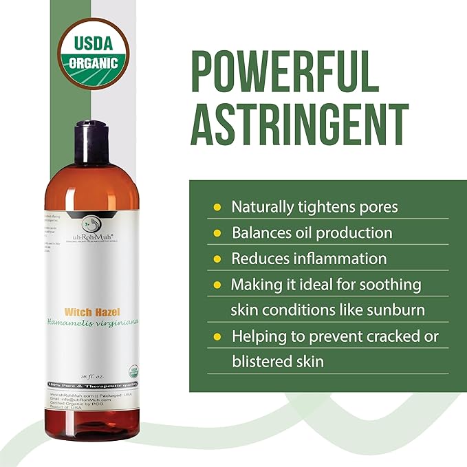 Organic Witch Hazel – 100% Pure Natural USP Astringent with 14% Alcohol | Hamamelis Virginiana Extract for Face, Skin, Hair & Wellness | Bulk & Gallon Options | 16 Fl Oz