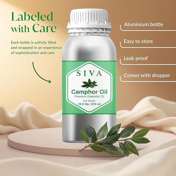 Siva Camphor Essential Oil - 16 Fl Oz – 100% Natural Camphor Oil - for Diffuser, Face, Skin Care, Aromatherapy, Hair Care, Scalp and Body Massage