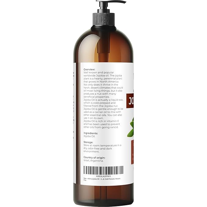 velona Jojoba Oil - 32 fl oz (With Pump) | 100% Pure and Natural | Golden, Unrefined, Cold Pressed, Hexane Free | Moisturizing Face, Hair, Body, Skin Care