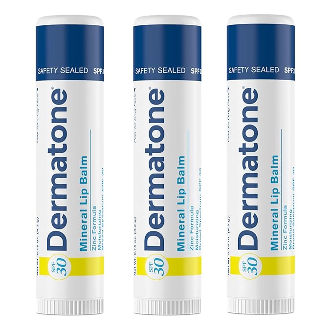 Dermatone Mineral Lip Balm | Moisturizing, SPF30, Reef Safe, Oxybenzone Free | Jojoba Oil, Avocado Oil, Vitamin E | Zinc Oxide Lip Balm with SPF 30 | 0.15 oz (3-Pack)