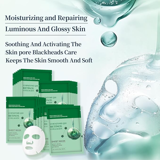 Collagen Face Sheet Mask Anti Aging Skin Care Mask Sheets Collagen Sheets Pack With Retinol Sheet Facial Masks Bulk, Face Masks Beauty for Women Fine Lines Wrinkle Moisturizing 10 Pack